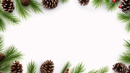 Fototapeta na wymiar Beautiful Christmas Pine Branches and Cones with Red Berries on White Background - Generative AI