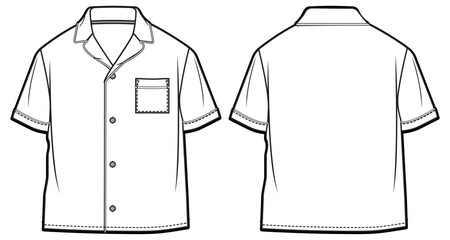 Piped resort Shirt design flat sketch fashion illustration vector template with front and back view, Toddler kids woven Shirt cad drawing mock up