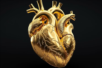 Human anatomy, health care, medicine concept. Illustration of human heart made of gold on black background. Generative AI