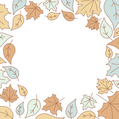Square botany Linear Frame with Copy space. Vector foliage border. Pastel color leaves with Space for text isolated on white. Hand drawn illustration for card, poster, invitation, banner, postcard. 