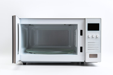 Fototapeta premium A white microwave with the door open shown from the front against a light solid background