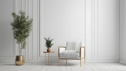Living room interior with armchairs in the room. Sofa, pillows, green plaid, lamp, and fiddle leaf tree in wicker basket on white wall background Scandinavian style, Generative Ai