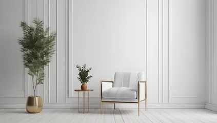 Fotobehang Living room interior with armchairs in the room. Sofa, pillows, green plaid, lamp, and fiddle leaf tree in wicker basket on white wall background Scandinavian style, Generative Ai © jex