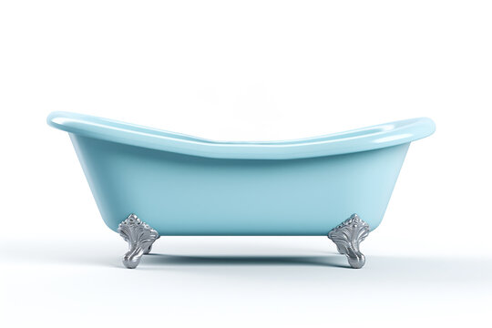 A blue bathtub on silver legs in a bright white room