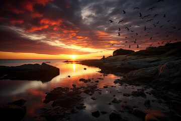 Fototapeta na wymiar sunset photography at sea, ai generated.