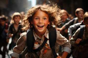 Fototapeta premium hyper-realistic As the new school year begins, the image captures the bustling scene of students heading 