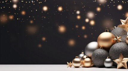 Fototapeta premium Beautifully arranged Christmas ornaments on a table with a captivating black background, generative AI.