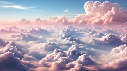 AI Generated. AI Generative. Sky clouds air drone view soft pink color background landscape. Adventure trip travel outdoor fly. Soft pink red colors 