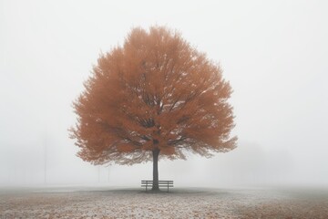 Autumn lonely tree and bench in mystical fog, Generative AI