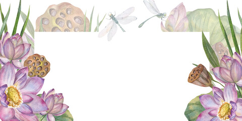 Elegant frame watercolor illustration with delicate pink lotus flowers and botanical beauty of water lily. Floral design elements, perfect for wedding invitations; . greeting cards, posters and prints