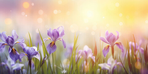 Fototapeta premium Iris flowers in the garden in sun light. Beautiful floral background for greeting card for Birthday, Mother's day, Easter, Women's day, Father's day, Wedding, Holiday, copy space