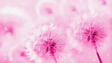 Abstract background of pink dandelion flowers inspired by trendy Barbiecore color, style of Barbie pink. Generative Ai content.