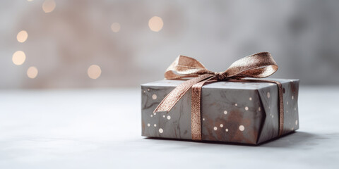Silver Gift Box with Golden Ribbon. Beautiful Background for greeting card for Birthday, Christmas, New Year, XMas, Mother's Day, Women's Day, Anniversary