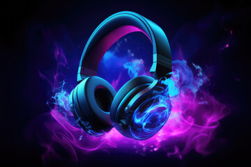 Fototapeta na wymiar Beautiful black round headphones in clouds of neon colored blue smoke isolated on a black background. 3d render illustration style.