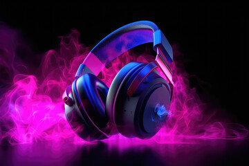 Fototapeta na wymiar Beautiful black round headphones in clouds of neon colored pink smoke isolated on a black background. 3d render illustration style.