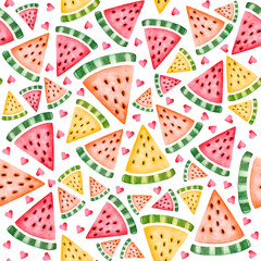 Watercolor seamless pattern with hearts and slices of watermelon. Hand drawn illustration.