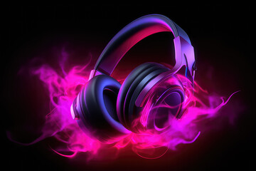 Beautiful black round headphones in clouds of neon colored pink smoke isolated on a black background.  3d render illustration style.