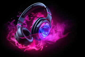 Beautiful black round headphones in clouds of neon colored pink smoke isolated on a black background.  3d render illustration style.