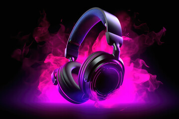 Beautiful black round headphones in clouds of neon colored pink smoke isolated on a black background.  3d render illustration style.