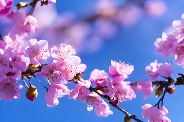 A stunning pink cherry tree in close-up, standing tall against a backdrop of clear blue skies
