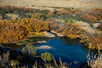 View of the Limay River near the natural amphitheater from Route 40 (237), on an autumn morning. Argentine Patagonia.
