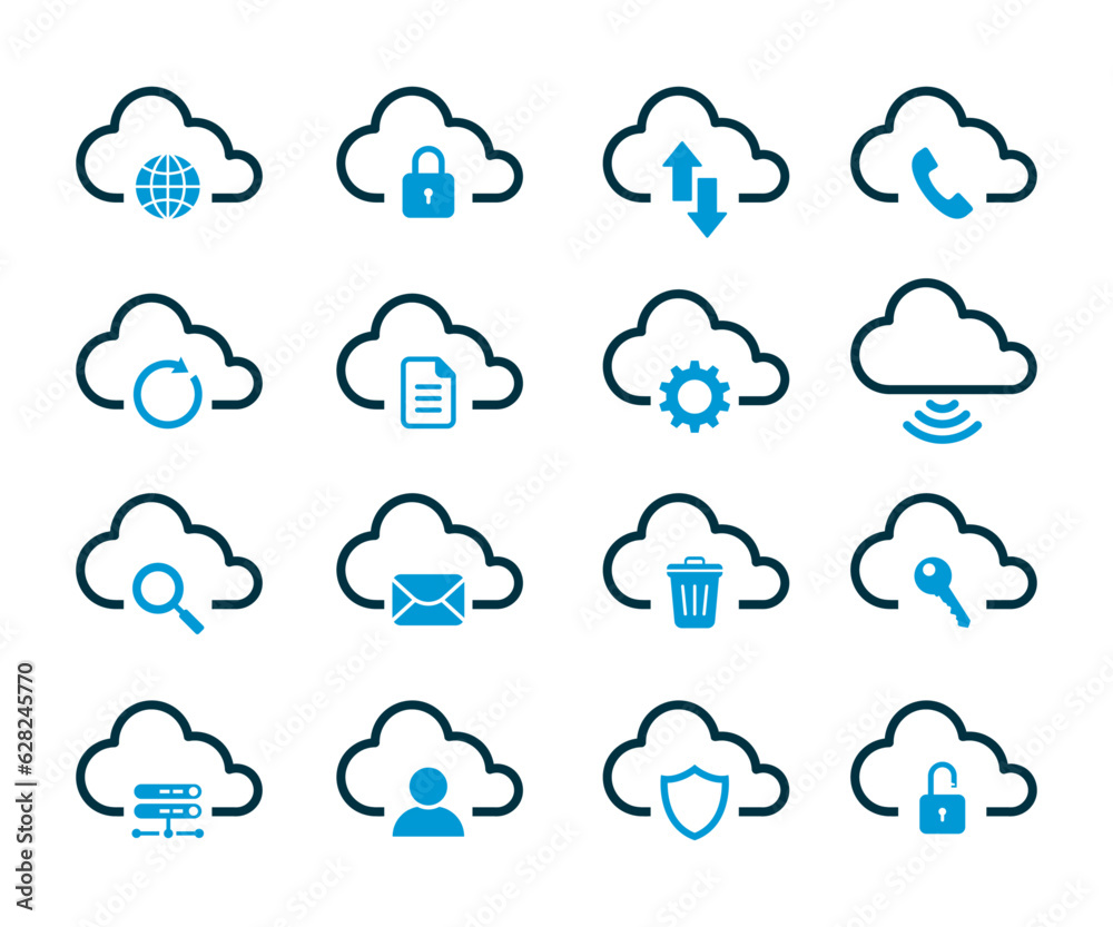 Poster cloud computing icon set. contains such icons as data synchronisation, transfer, cloud settings, and