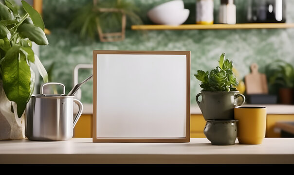 A modern kitchen interior with a blank picture frame placed on the countertop, depicted using 3D rendering