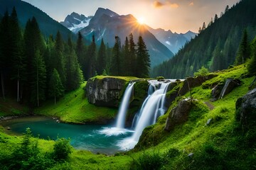 waterfall in the mountains generated Ai.