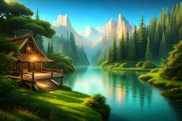 Landscape with lake and mountains. Ai generative