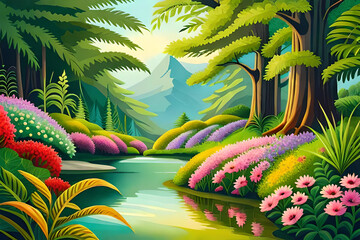 Tropical island with palm trees and flowers. Ai generative