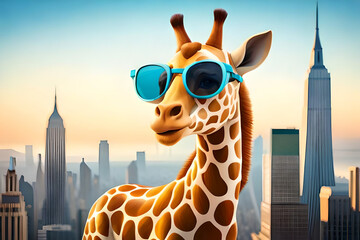 Giraffe cartoon on the front of city view. Ai generative