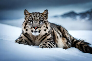 Leopard in snow sitting. Ai generative