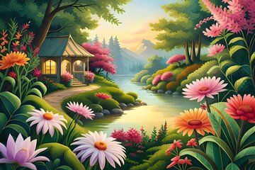 Landscape with flowers, pond and light house. Ai generative