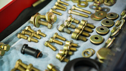 A large number of bolts laid out on the table