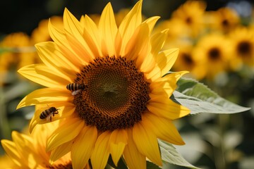 Naklejka premium Illustration of a vibrant sunflower with a busy bee pollinating its vibrant petals, created using generative AI