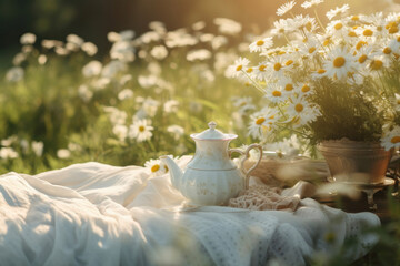 Fototapeta na wymiar Generated photorealistic image of a summer sunny atmosphere of a field with daisies and a picnic