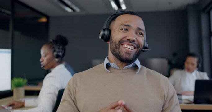 Call center, talking and man, consultant or agent for telemarketing communication or customer support. Workspace, business agency and African person speaking on headphones for virtual help chat