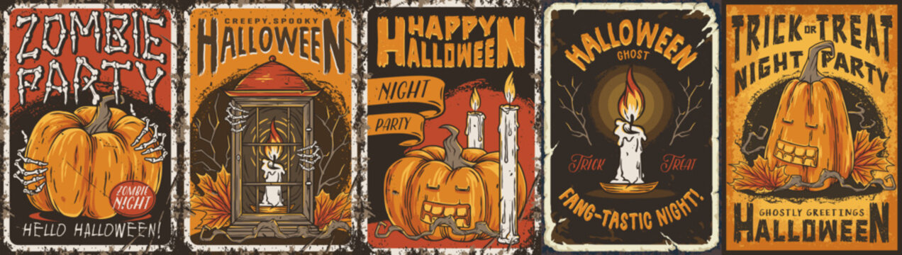 Set of Halloween posters with pumpkins, lantern, skeleton hands and candles for autumn october party. Collection of Halloween backgrounds for holiday night or dark festival