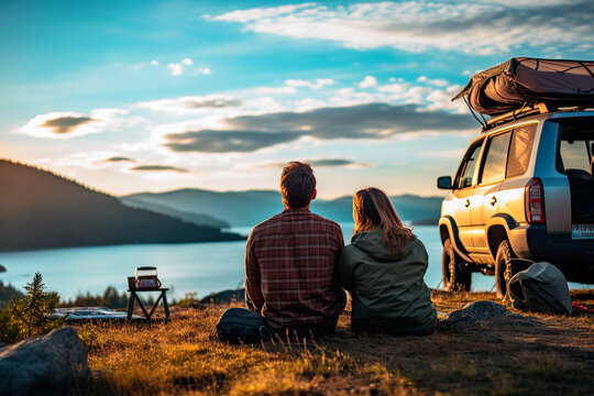 Couple sitting in nature overlooking the island in a beautiful blue sky with a car landing with a rooftop tent and an awning.