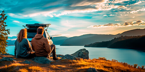Couple sitting in nature overlooking the island in a beautiful blue sky with a car landing with a rooftop tent and an awning.	

