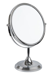 Round mirror for makeup. Magnifying mirror with 360° rotating. Cosmetic, cosmetology or makeup desk mirror. Silver metal stand magnify mirror for beauty salon. Woman skincare bathroom accessories