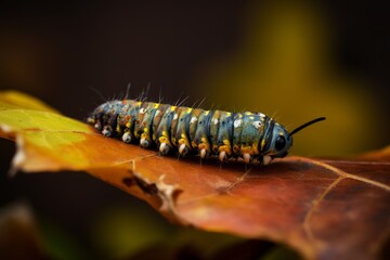 Illustration of a close-up view of a vibrant caterpillar perched on a green leaf, created using generative AI