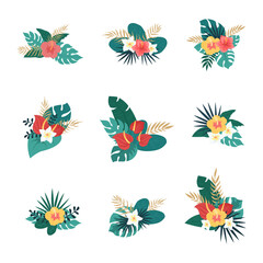 Tropical bouquets set. 9 different bouquets with tropical plants and flowers. Design for postcards, wedding invitations
