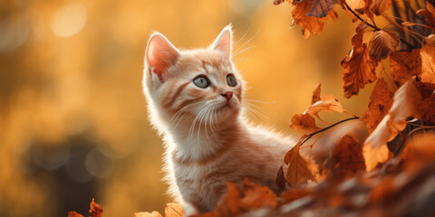Portrait of a Cat. Little Red Striped Kitten in autumn leaves