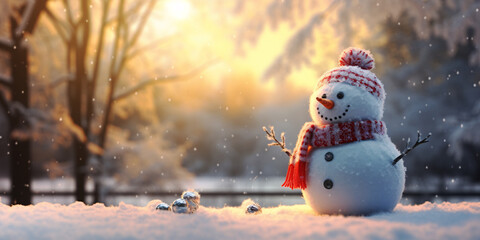 Fototapeta premium Charming Snowman Standing Tall in a Winter Wonderland, Generative AI