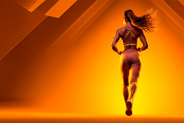 Fototapeta na wymiar Sportive muscled woman, professional runner running away isolated on yellow background in neon light. Sport, fitness, competition, speed and active lifestyle.