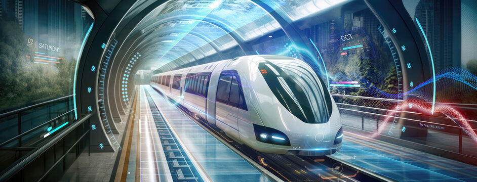 futuristic bullet train or hyperloop ultrasonic train cabsul with full self driving system activated for fast transportation and autonomy concepts as wide banner with copy space area - Generative AI