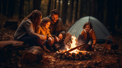 Happy family camping in nature