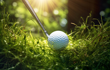 Arafed Golf Ball on Lush Green Grass with Golf Club in Background, Generative AI