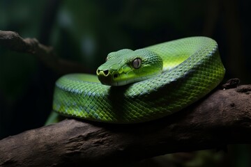 Obraz premium Illustration of a green snake sitting on a branch in a natural environment, created using generative AI